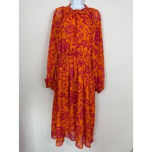 Oddi Boutique 1XL Orange Pink Floral Smocked Midi Boho Dress